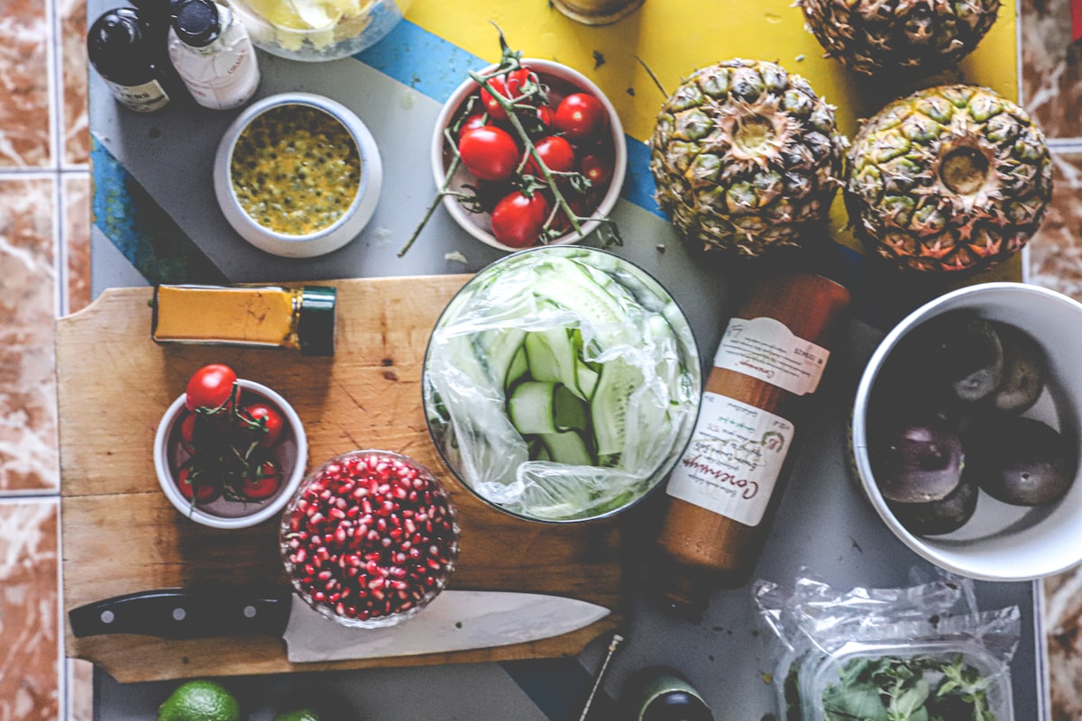 Fresh Mediterranean ingredients arranged on a wooden surface